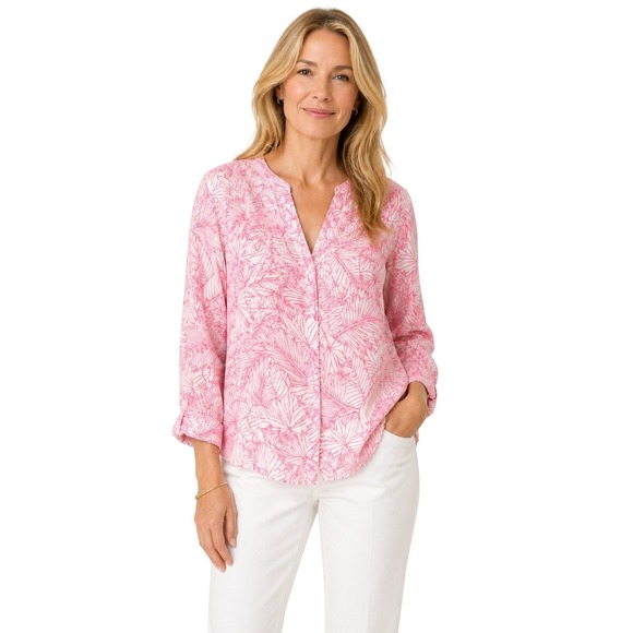Tommy Bahama Tops - Tommy Bahama Womens M Coral Pink Tropical Leaf 100% Linen Button Up Shirt